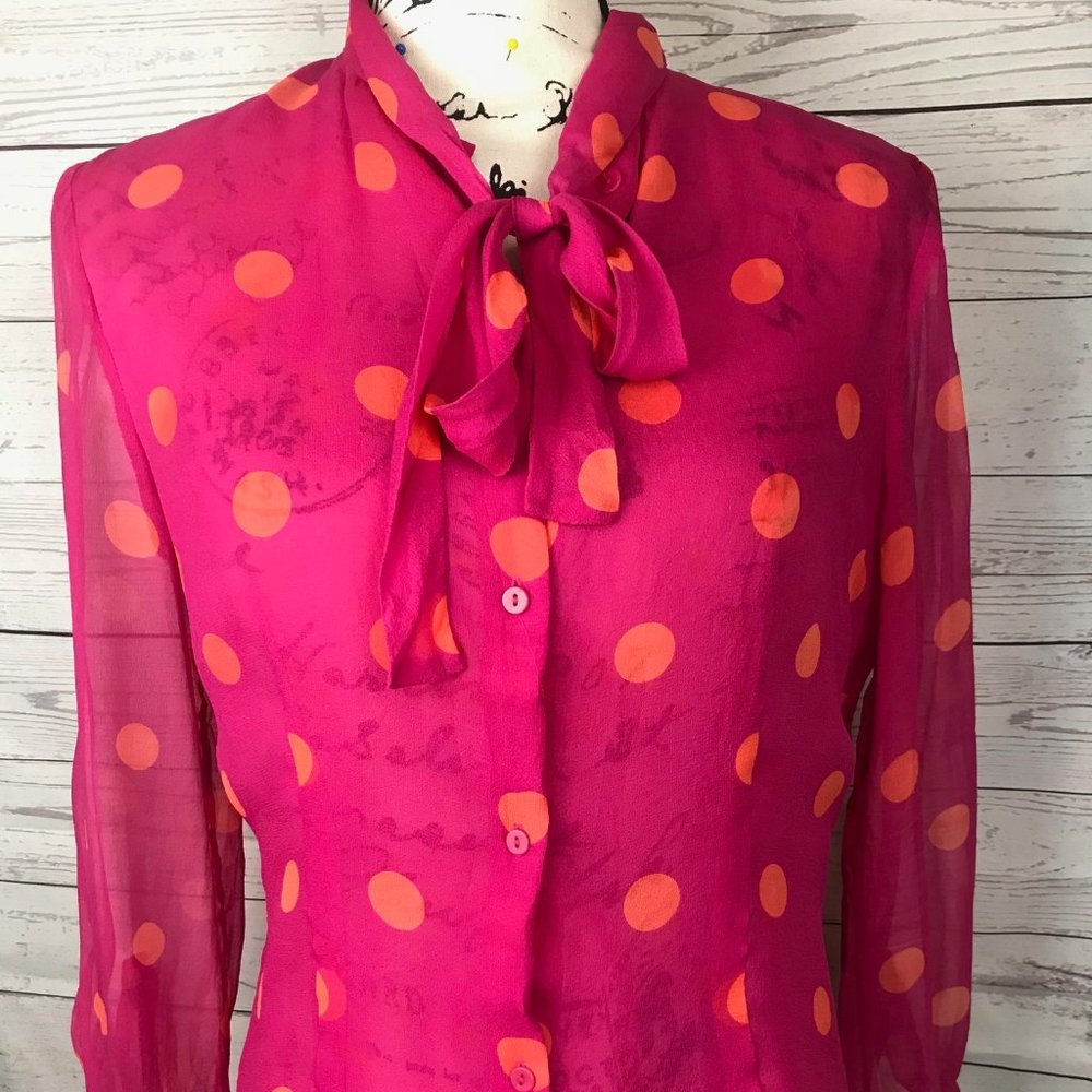 100% Silk Button Front Shirt Pussy Bow